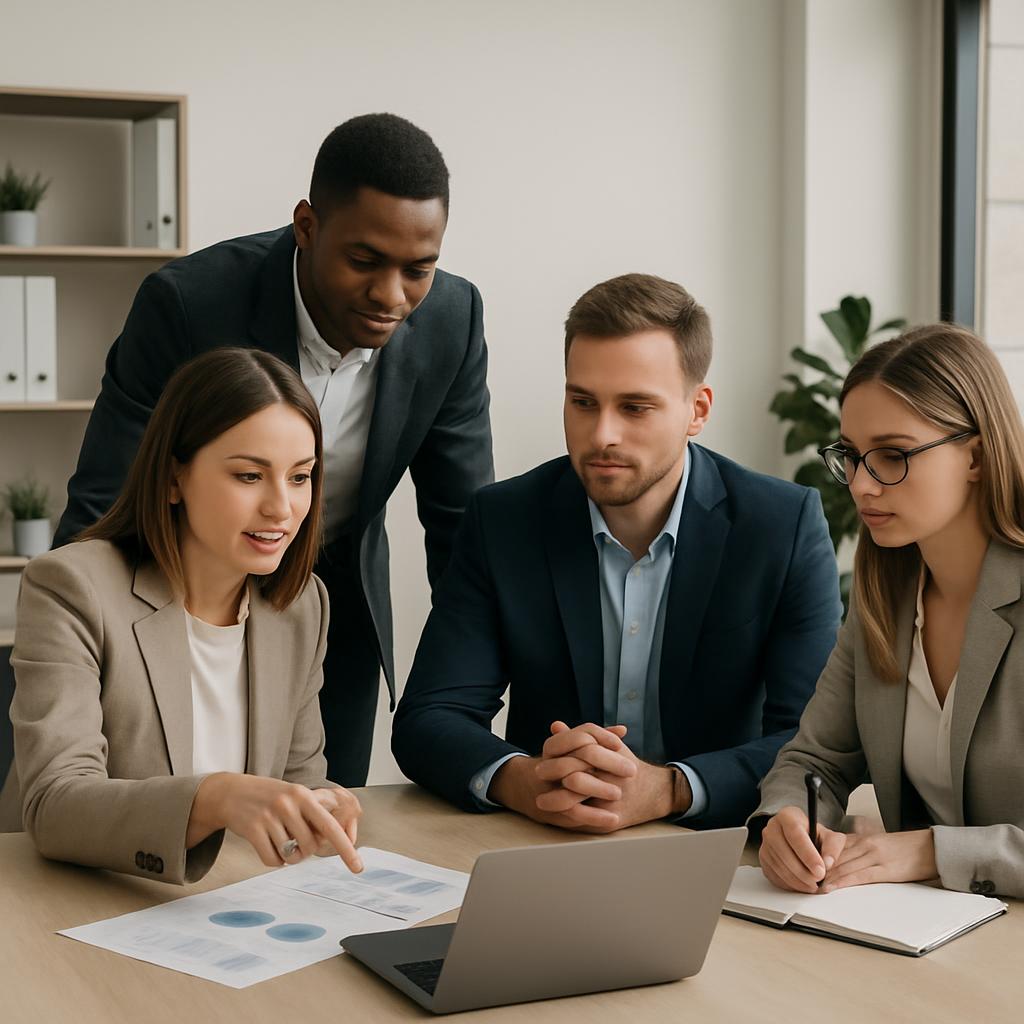 A team of four professionals sit around a table in an office setting. The woman on the left is pointing at documents while...