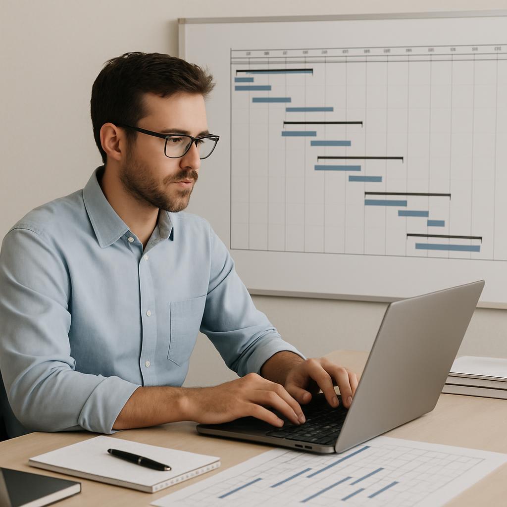 Een man zit voor een bureau in zijn kantoor. Hij heeft een laptop op zijn bureau met een blanco a4 papier en pen naast com...