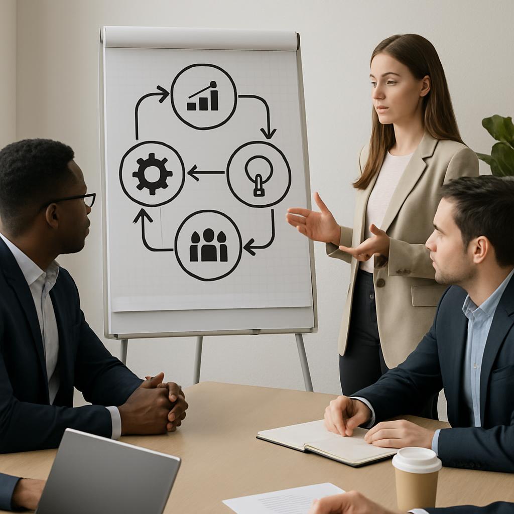 workers engaging in focus group discussion, brainstorming ideas on whiteboard with four distinct black-and-white symbols