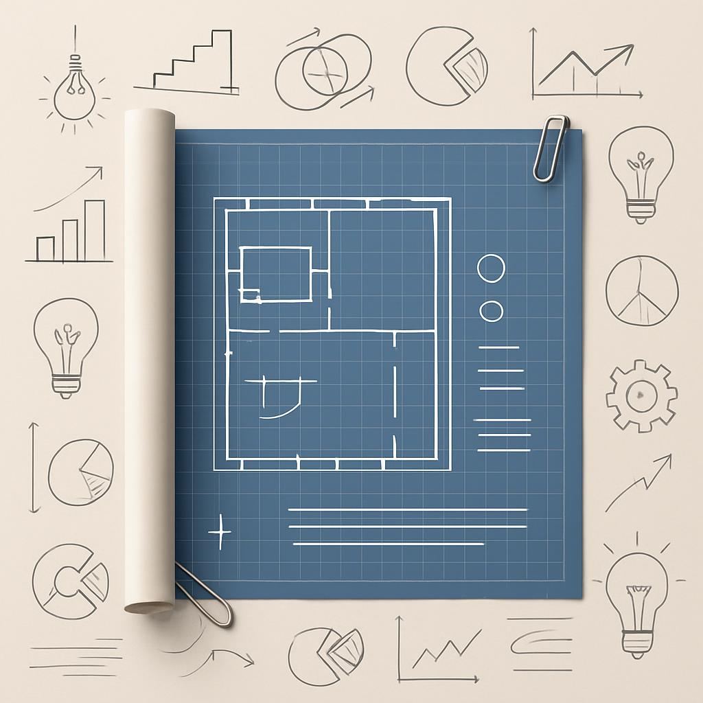 The floor plan on blue graph paper surrounded by various icons.